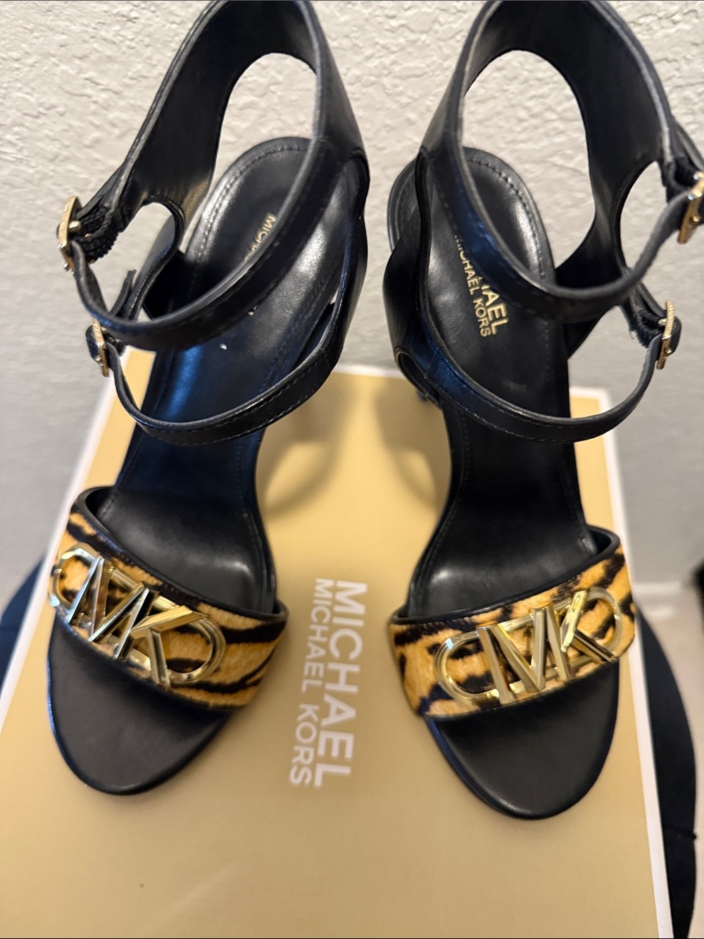 Black & Tiger-Print Leather High Heel Sandals with Gold Hardware - Picture 6 of 6